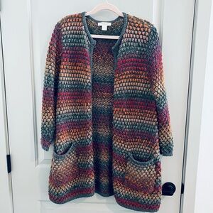 CHUNKY CROCHETED CARDIGAN CHRISTOPHER & BANKS Multicolored w/Pockets - Crew Neck